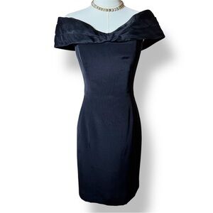 LOUIS FERAUD Black Silk Off Shoulder Midi Cocktail Dress